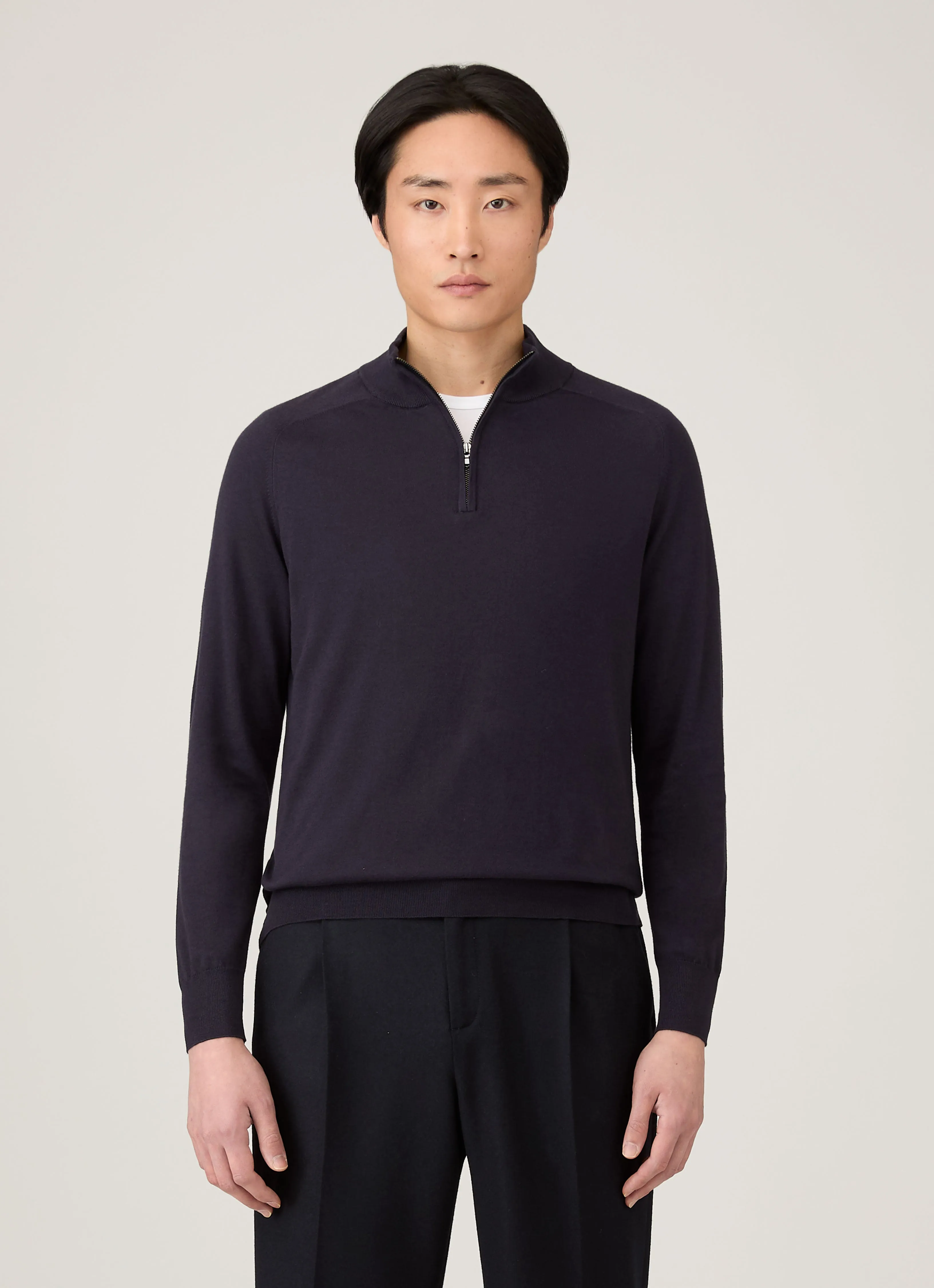 Men's Sea Island Cashmere Half Zip in Midnight Navy WrinkleResistant Knit Transitional Layer