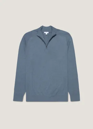 Oversized Collar Style NonRestrictive Fit Men's Sea Island Cashmere Half Zip in Slate Blue