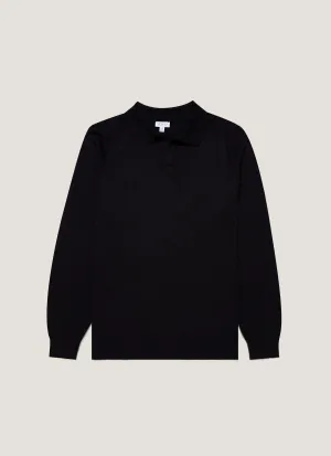 Men's Sea Island Cashmere Polo Shirt in Black Waffle Knit Texture Plush Texture