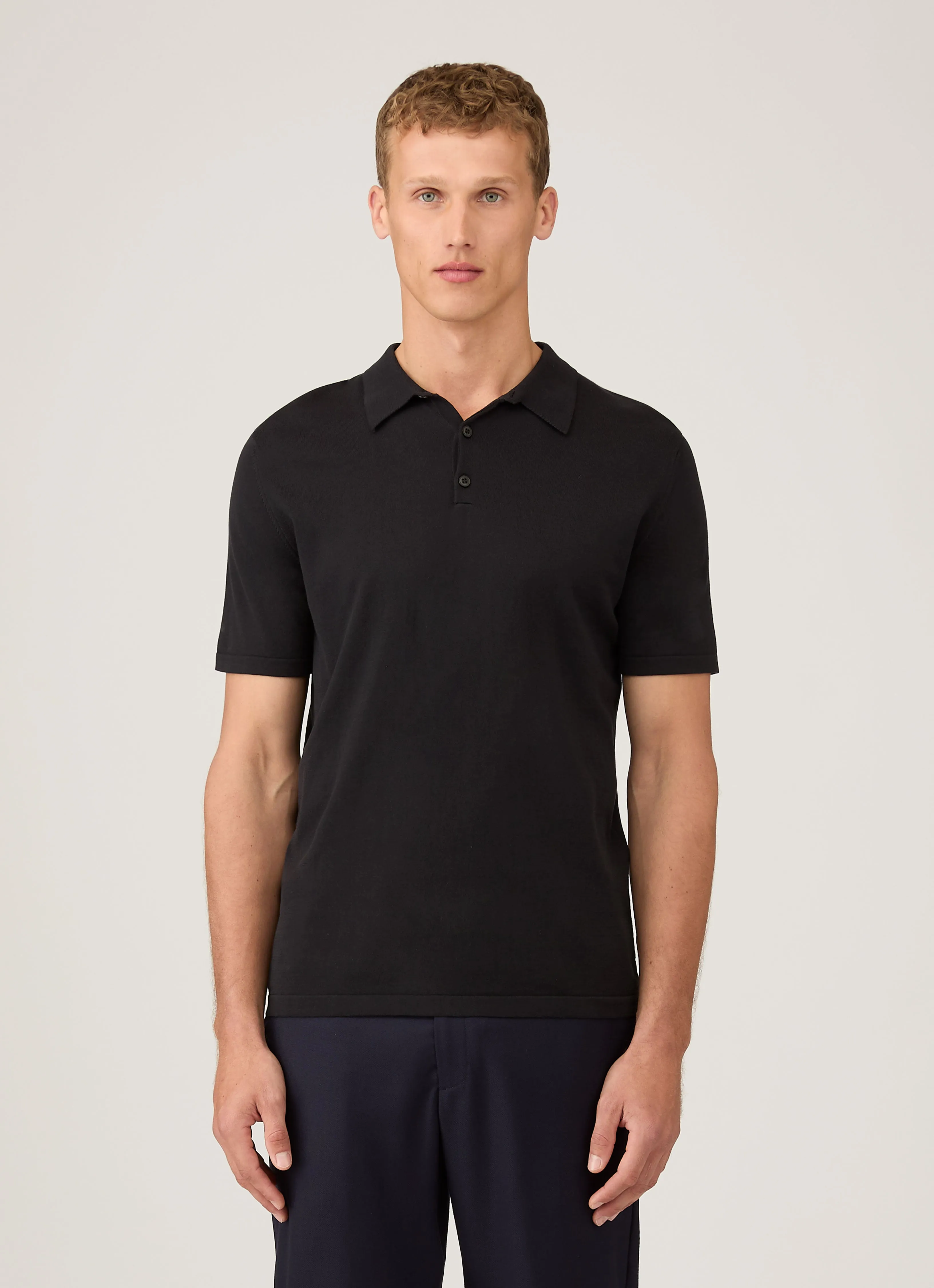 Flexible Seam Structure Men's Sea Island Cotton Knit Polo Shirt in Black