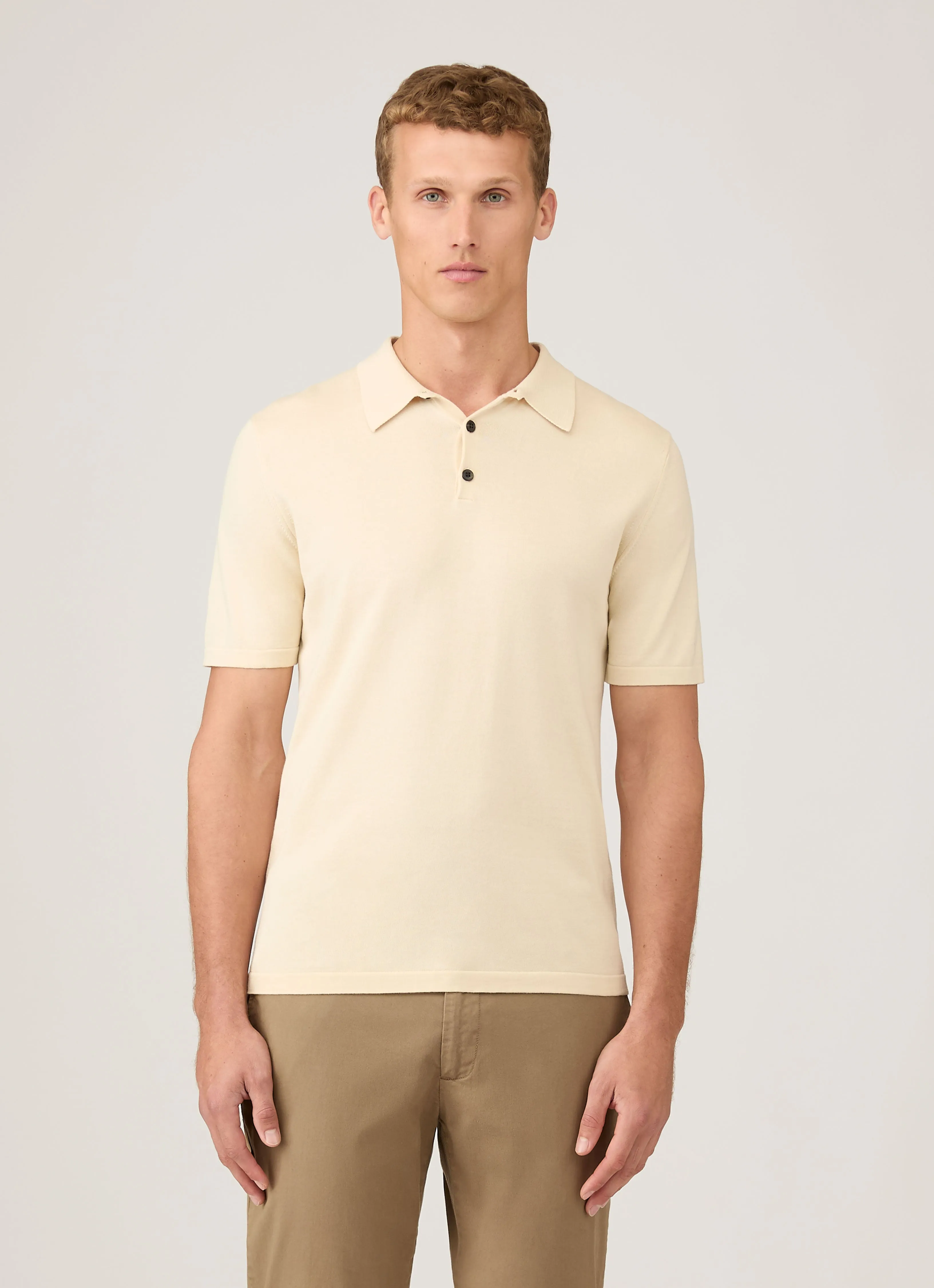 Men's Sea Island Cotton Knit Polo Shirt in Undyed Compression Fit Organic Cotton Yarn