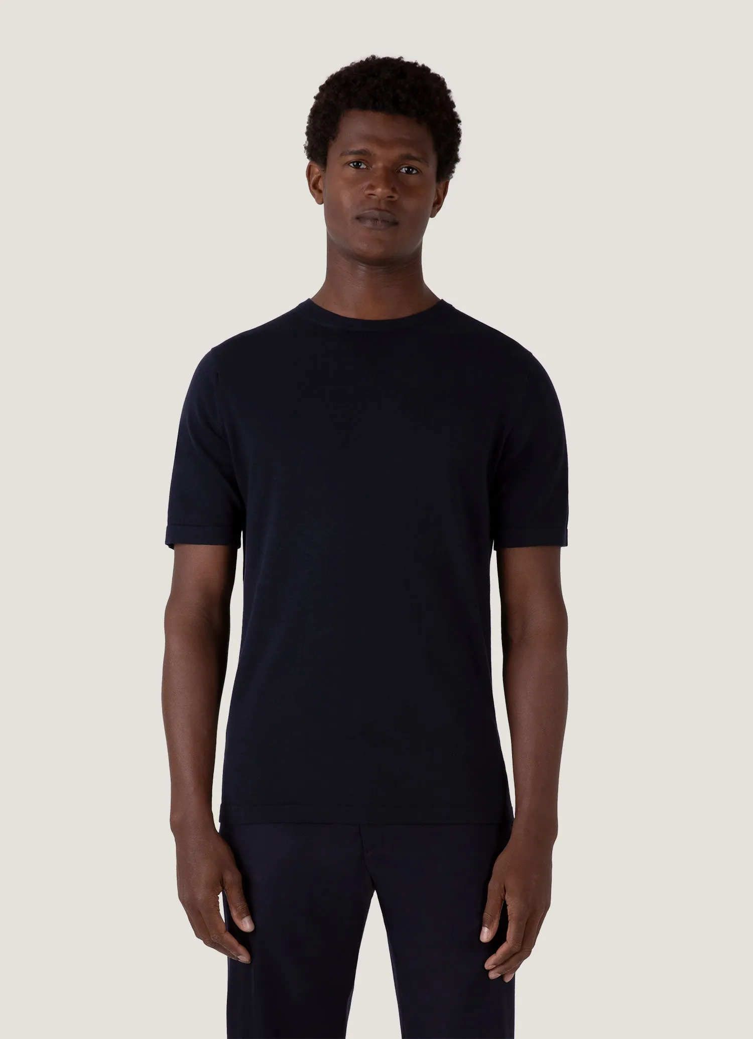 Men's Sea Island Cotton Knit T-shirt in Light Navy Urban Fit Soft Stretch Fit