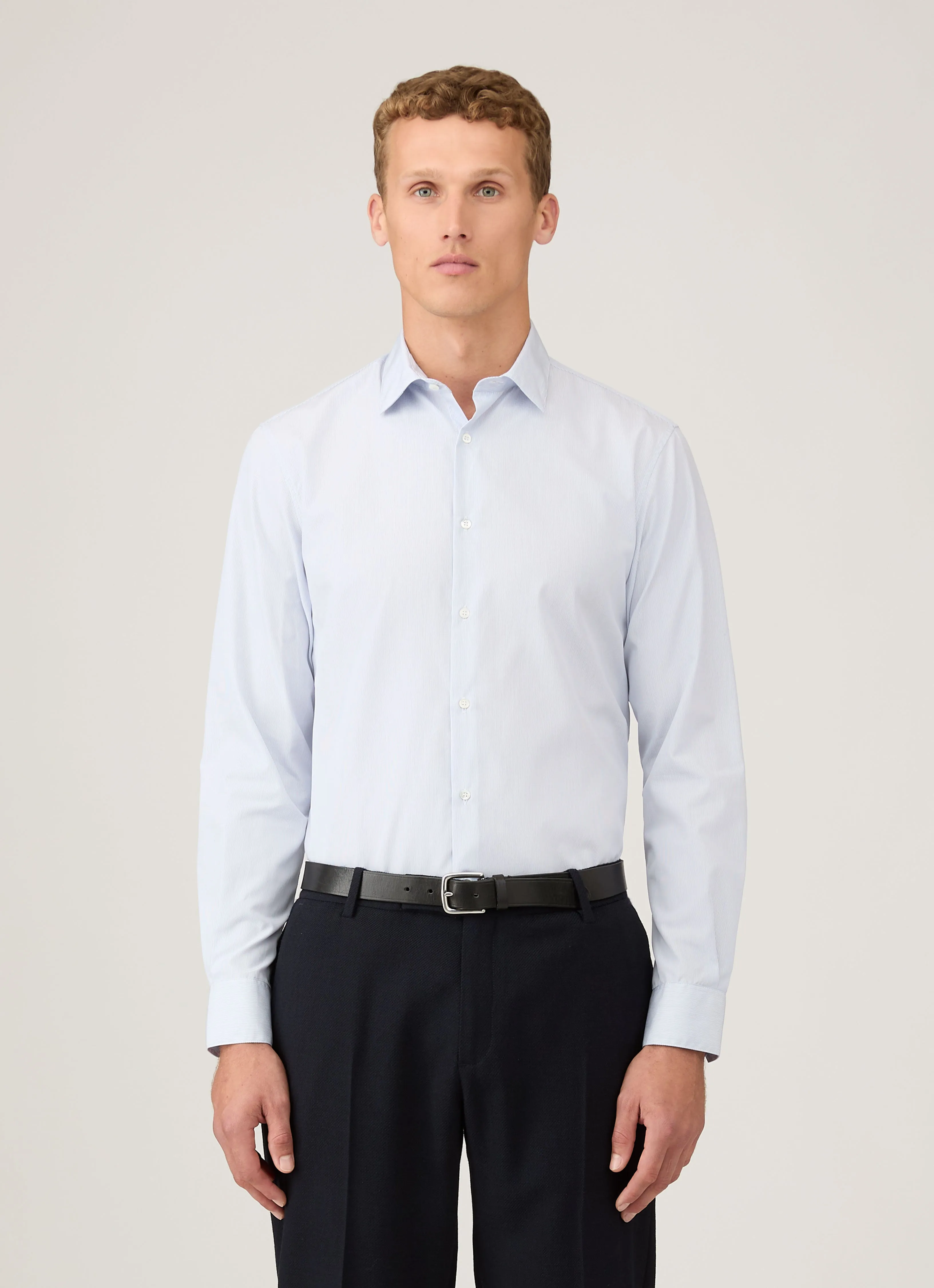 Men's Sea Island Cotton Shirt in Ink Blue college Flexible Ribbed Neckline