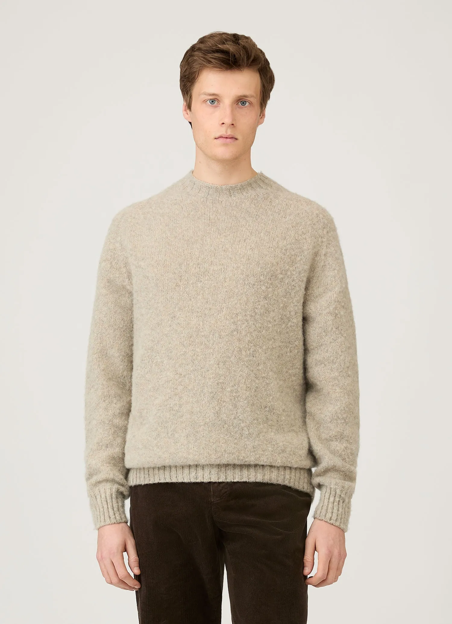 Thermal Lined Cuffs Anti Snag Fabric Men's Shetland Crew Neck Jumper in Oatmeal Melange