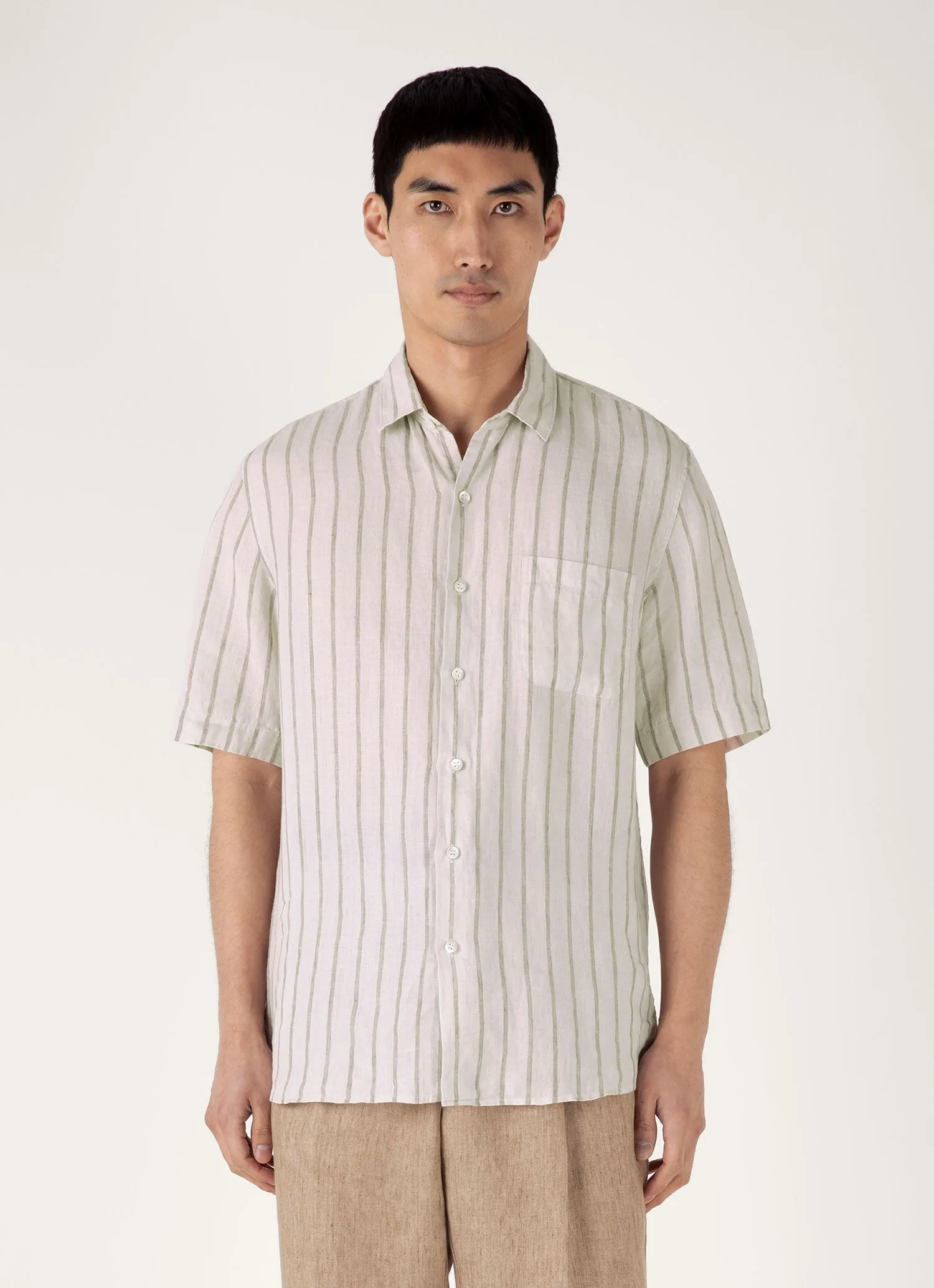 Men's Short Sleeve Linen Shirt in Dune/Ecru Subtle Details