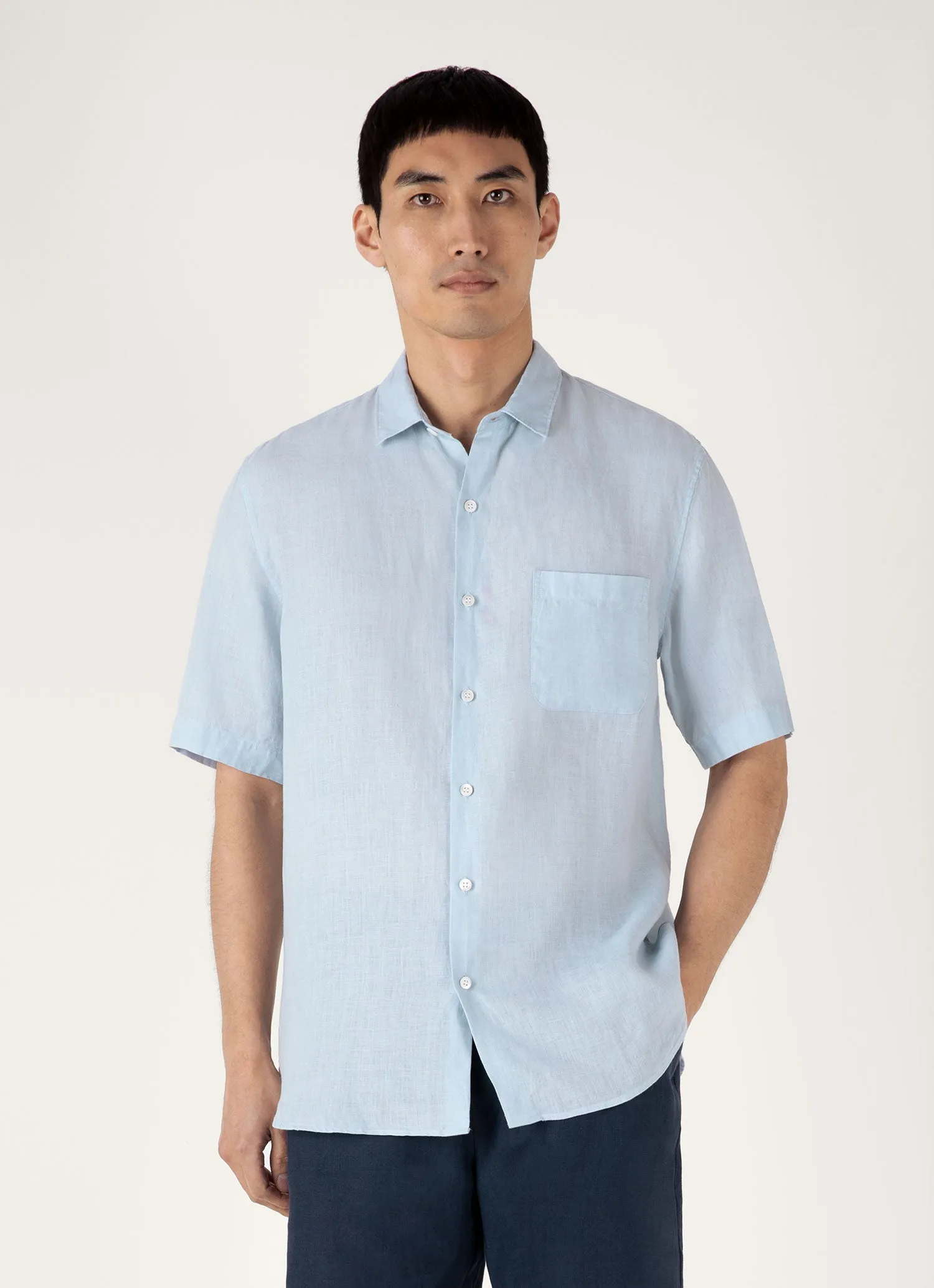 All Day Wear Hypoallergenic Textile Men's Short Sleeve Linen Shirt in Light Blue