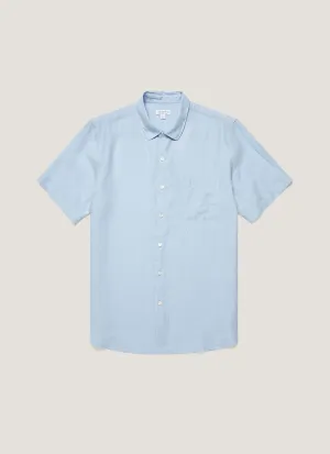 Hiking durability Men's Short Sleeve Linen Shirt in Light Blue