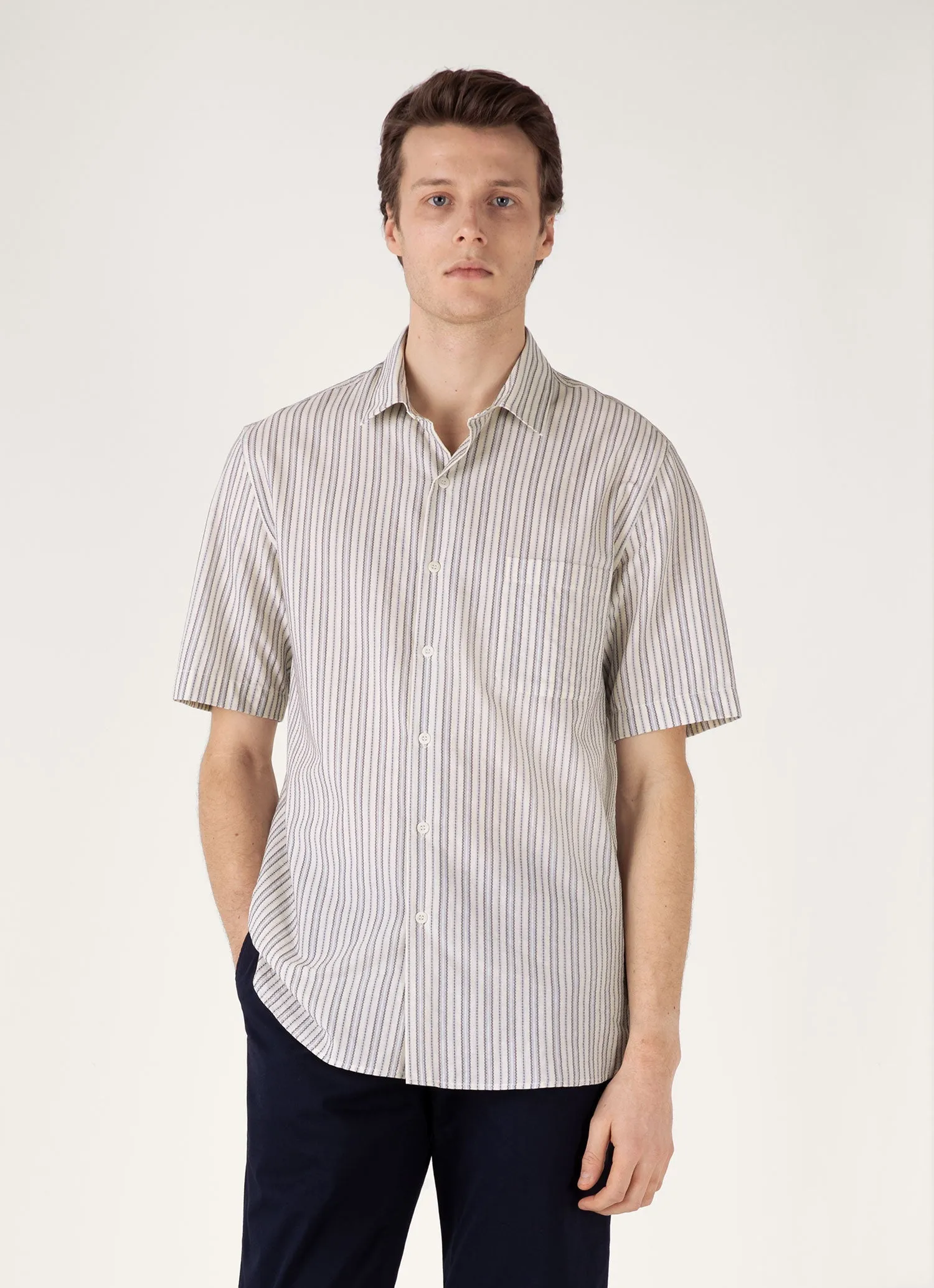 Men's Short Sleeve Vintage Stripe Shirt in Soft Denim/Ecru Casual Layers