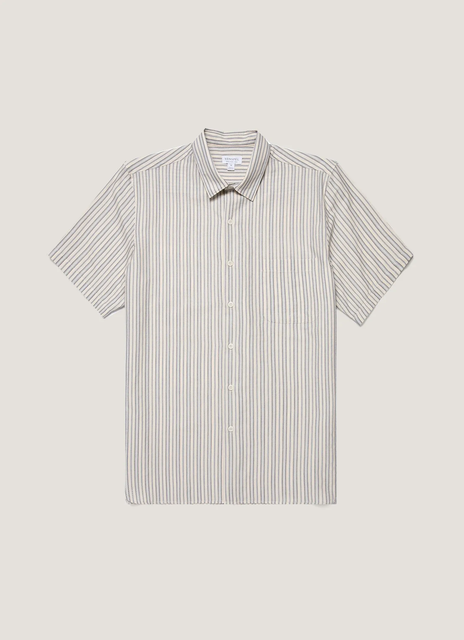 Easy Fit Boat Neck Men's Short Sleeve Vintage Stripe Shirt in Soft Denim/Ecru