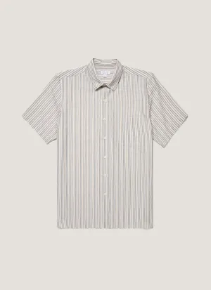 Easy Fit Boat Neck Men's Short Sleeve Vintage Stripe Shirt in Soft Denim/Ecru
