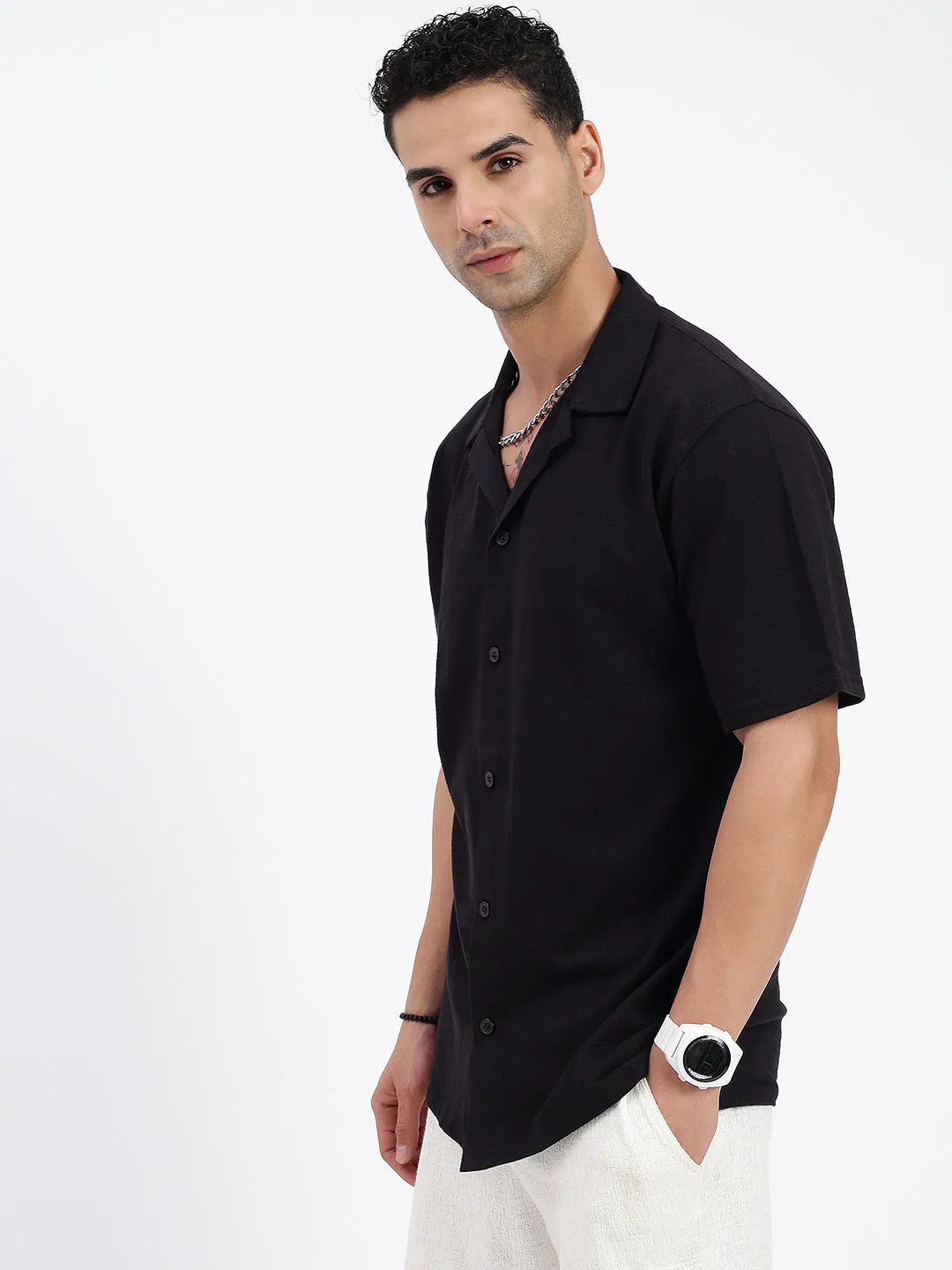 Men's Solid Black Relaxed Fit Shirt ReflectiveTrims