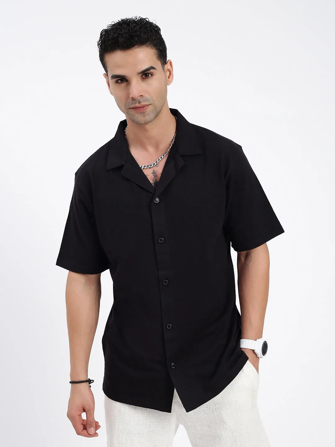 Men's Solid Black Relaxed Fit Shirt Summer Skirt Comfortable Tunic