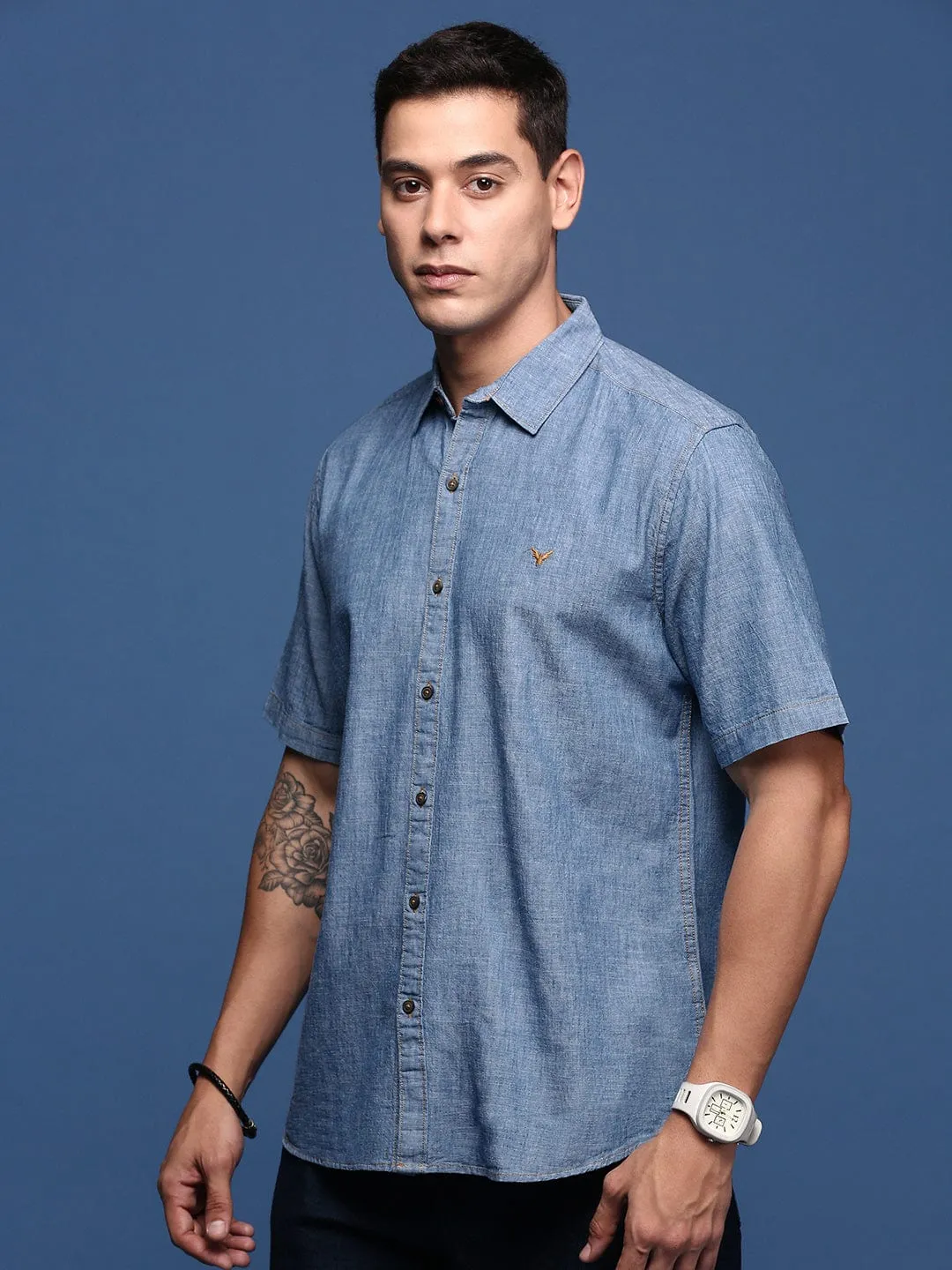 Men's Solid Blue Cotton Standard Slim Fit Casual Shirt Ethical Mode