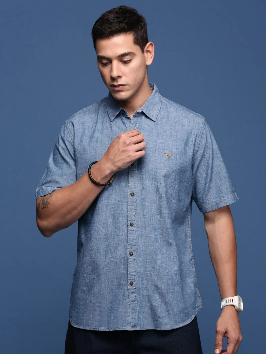 Japan Neat Tech Mood Men's Solid Blue Cotton Standard Slim Fit Casual Shirt