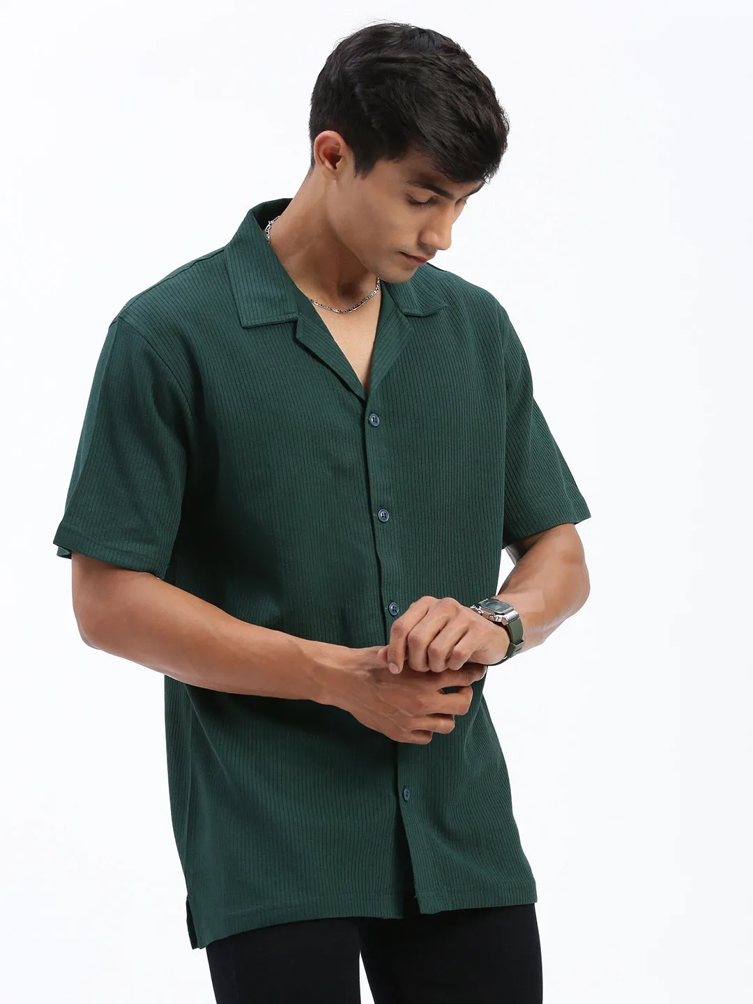 clean design Layered Paneling Men's Solid Green Relaxed Fit Shirt