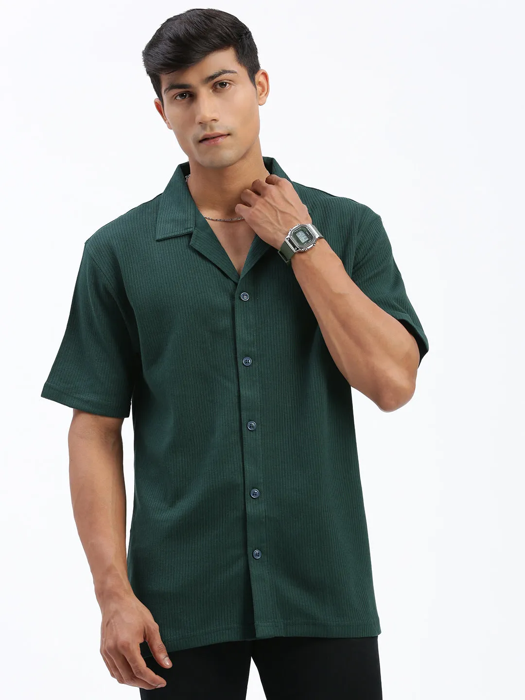 Men's Solid Green Relaxed Fit Shirt Metal Core