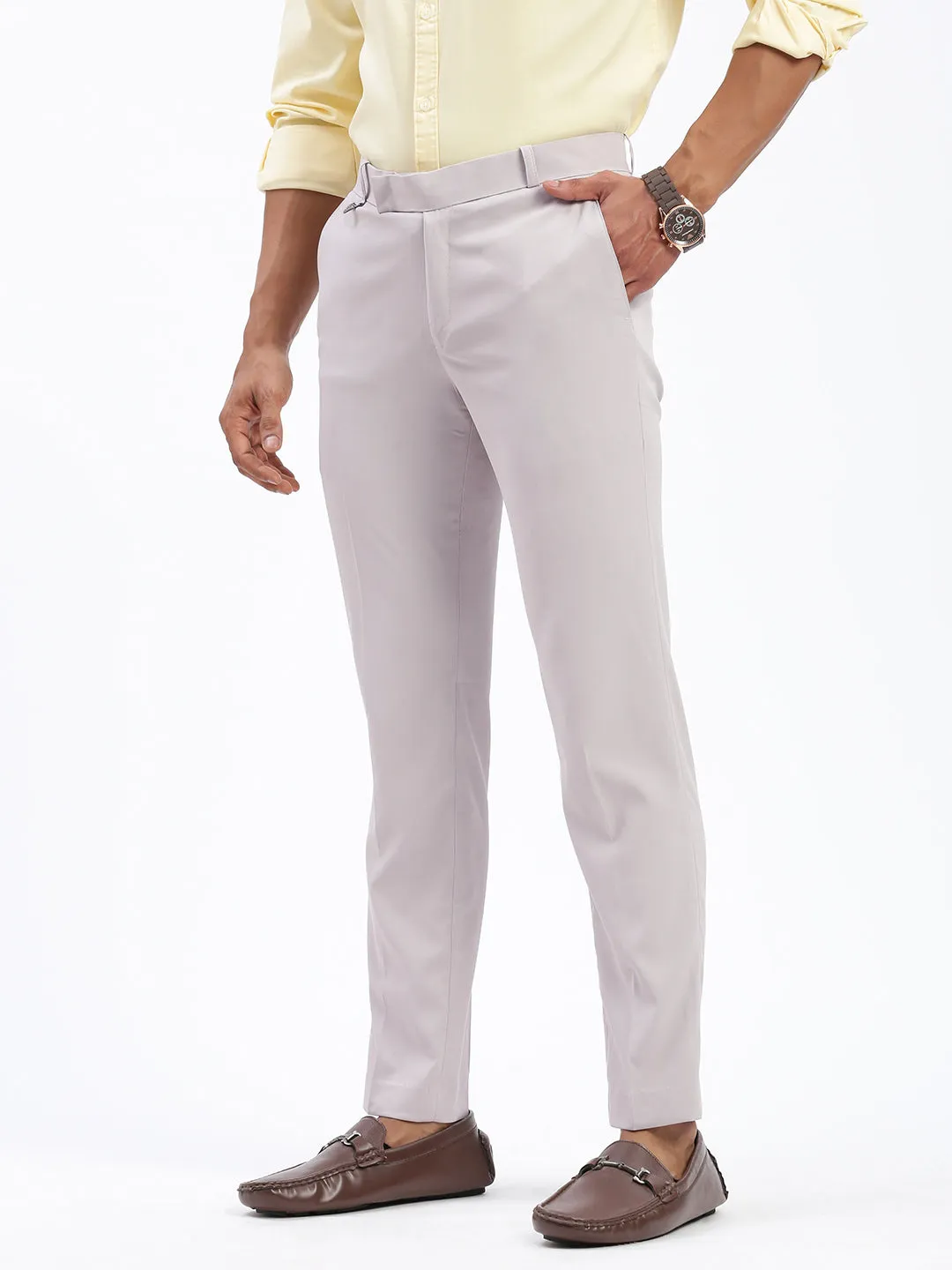 Men's Solid Grey Formal Trousers Street Comfort