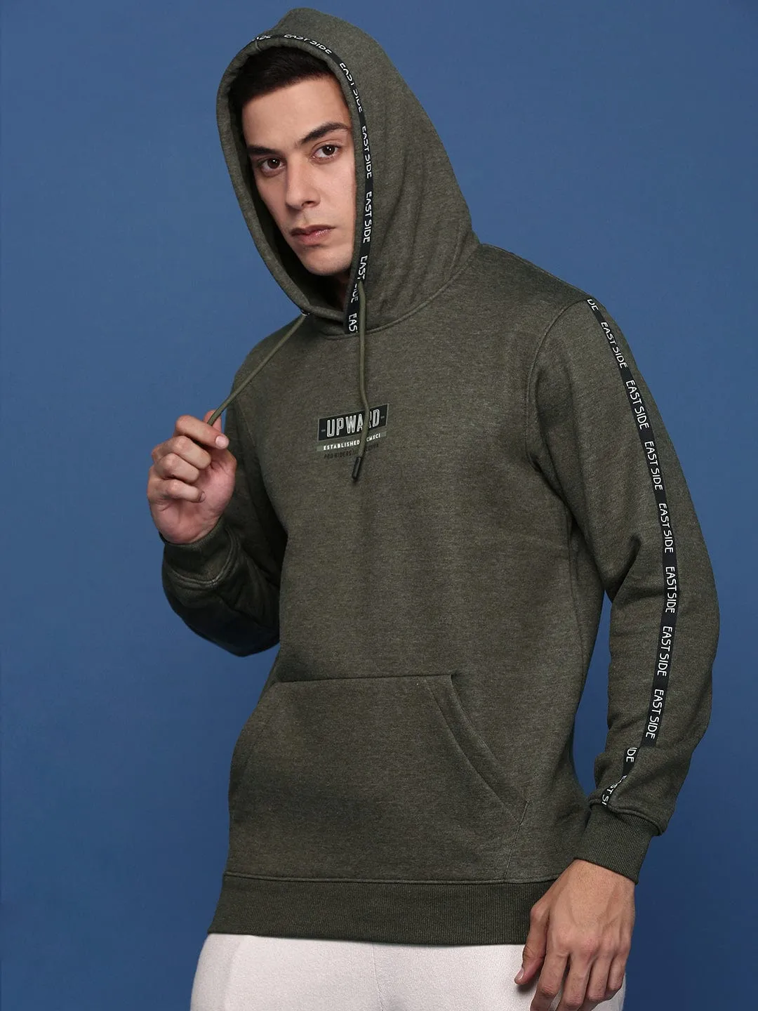 Men's Solid Olive Hoodie Light Color Scoop neck