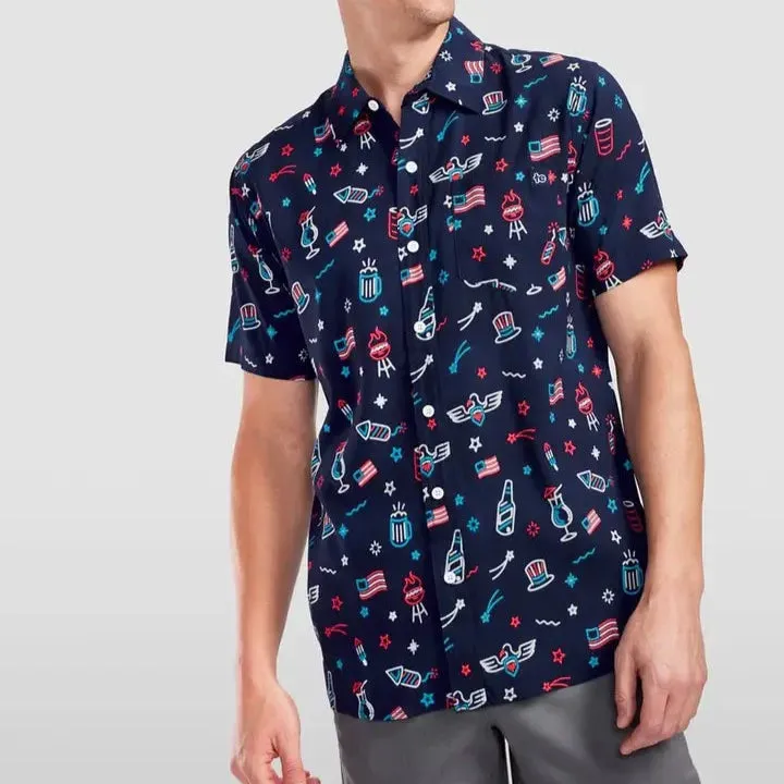 Men's S/S Lights and Liberty Button Down Hawaiian Shirt in Navy Trendy Comfort Wear SkinFriendlyFibers