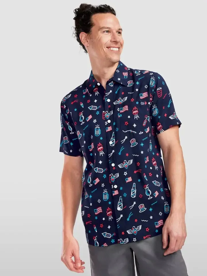 EnhancedDurabilityFinish Men's S/S Lights and Liberty Button Down Hawaiian Shirt in Navy