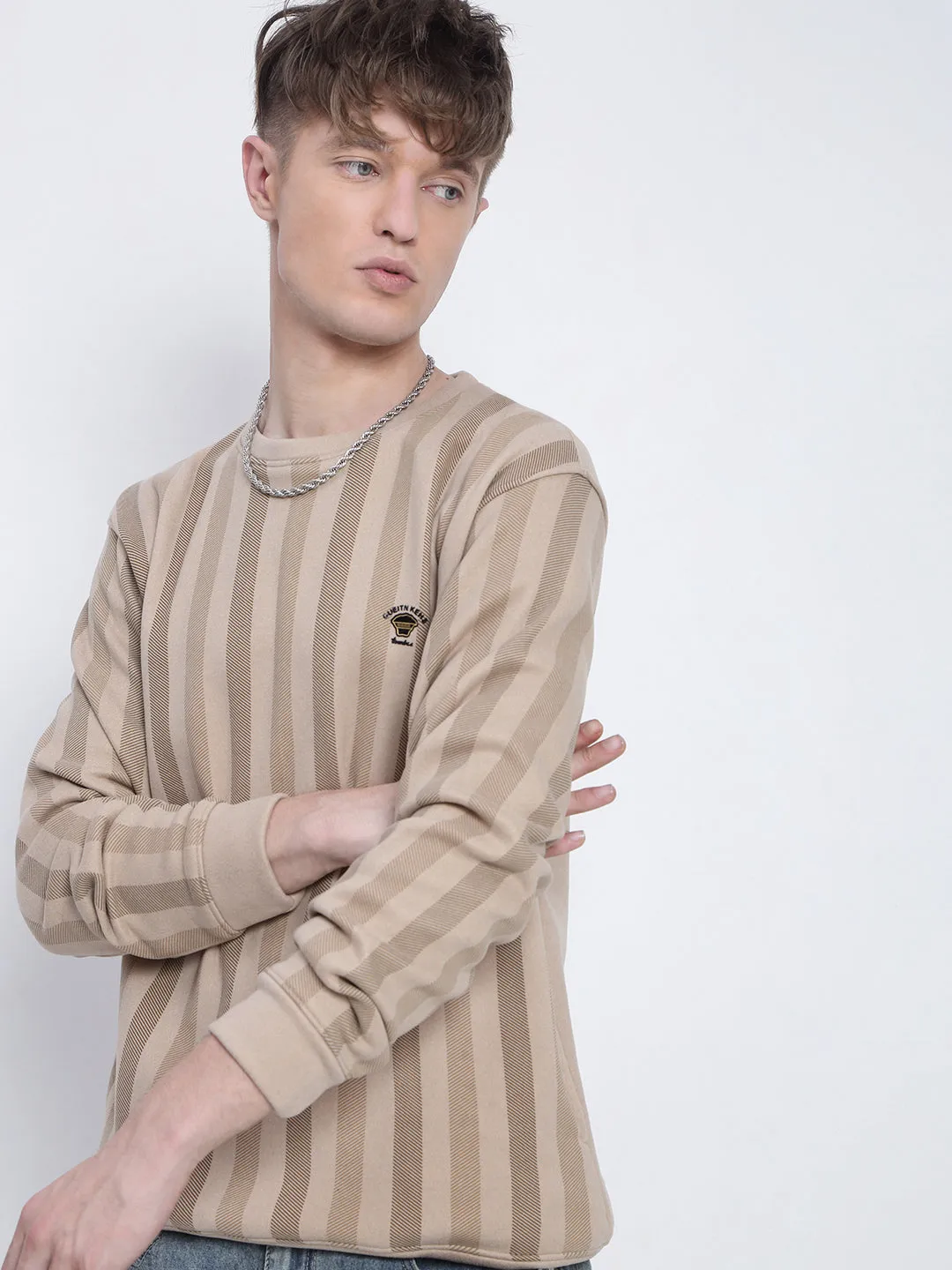 Collared Men's Striped Beige Round Neck Sweatshirt