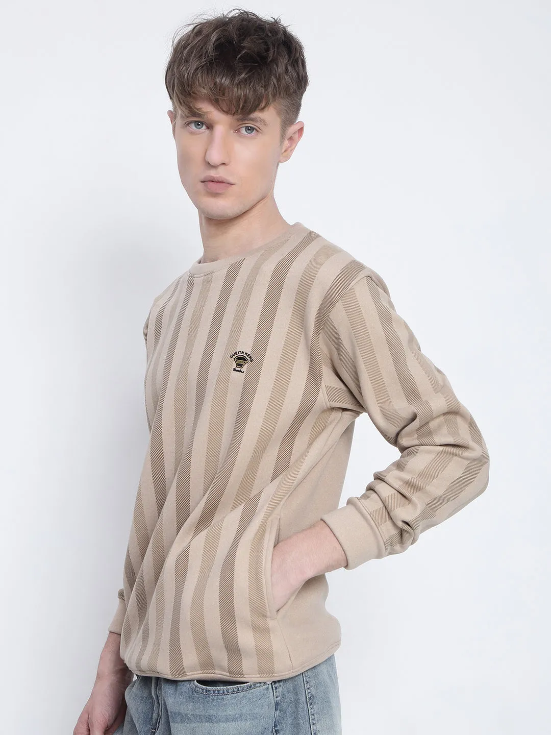 Men's Striped Beige Round Neck Sweatshirt Fashion Trend