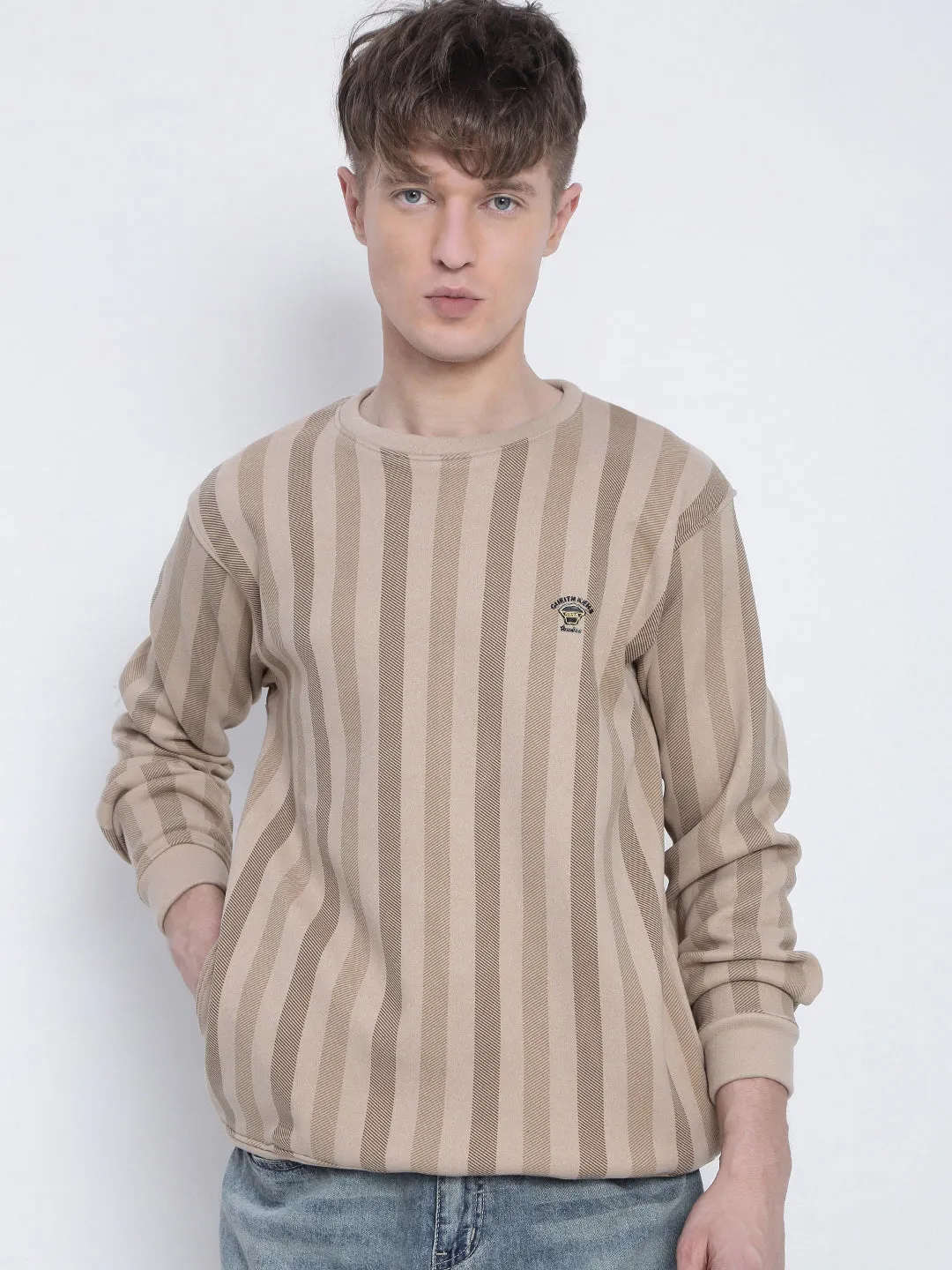 Men's Striped Beige Round Neck Sweatshirt Timeless Layer