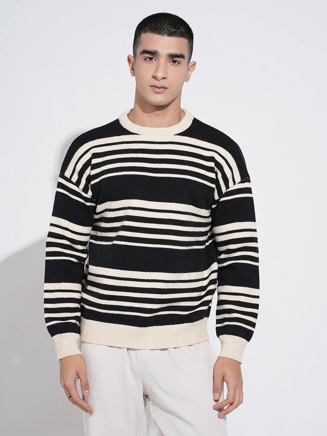 SheerWeight Knit Chill Wear Men's Striped Black Ribbed Round Neck Sweater