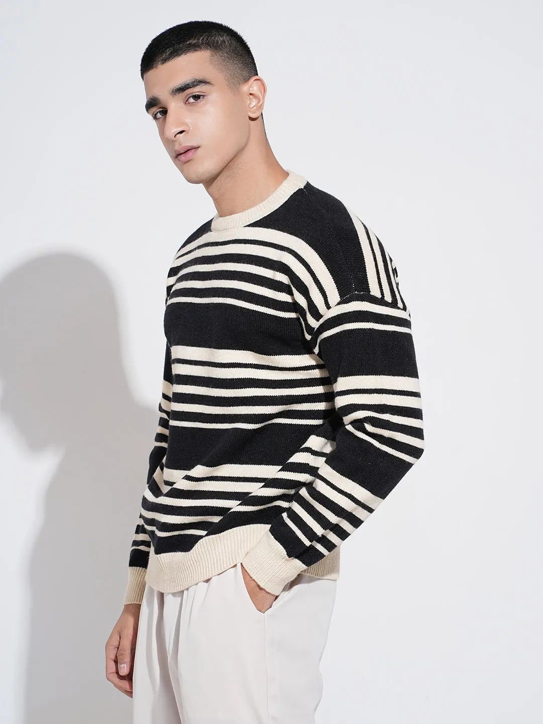 early morning Stretchable Waistband Men's Striped Black Ribbed Round Neck Sweater