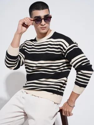 Men's Striped Black Ribbed Round Neck Sweater Office Trend No-Fuss Look