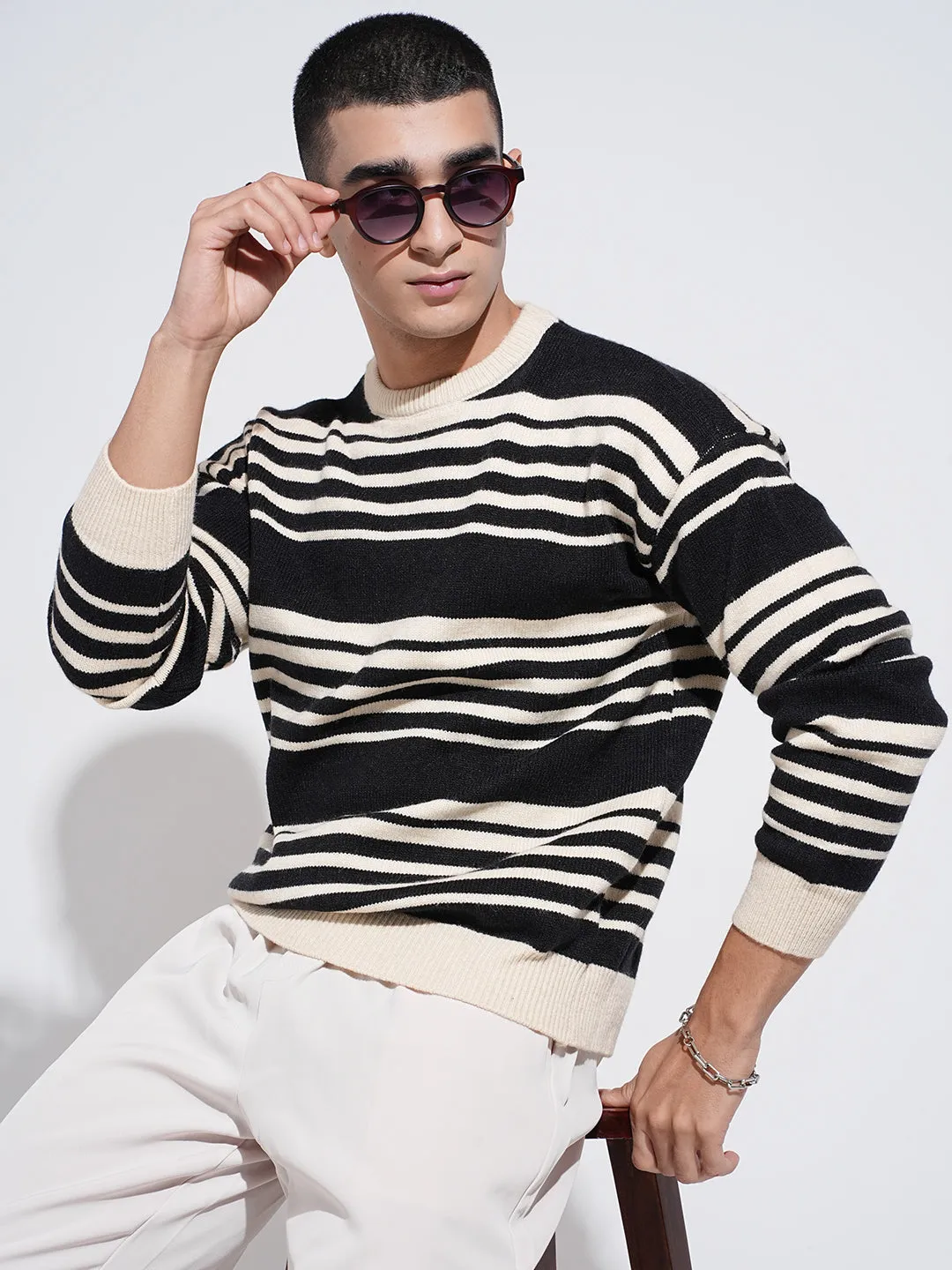 Men's Striped Black Ribbed Round Neck Sweater Office Trend No-Fuss Look