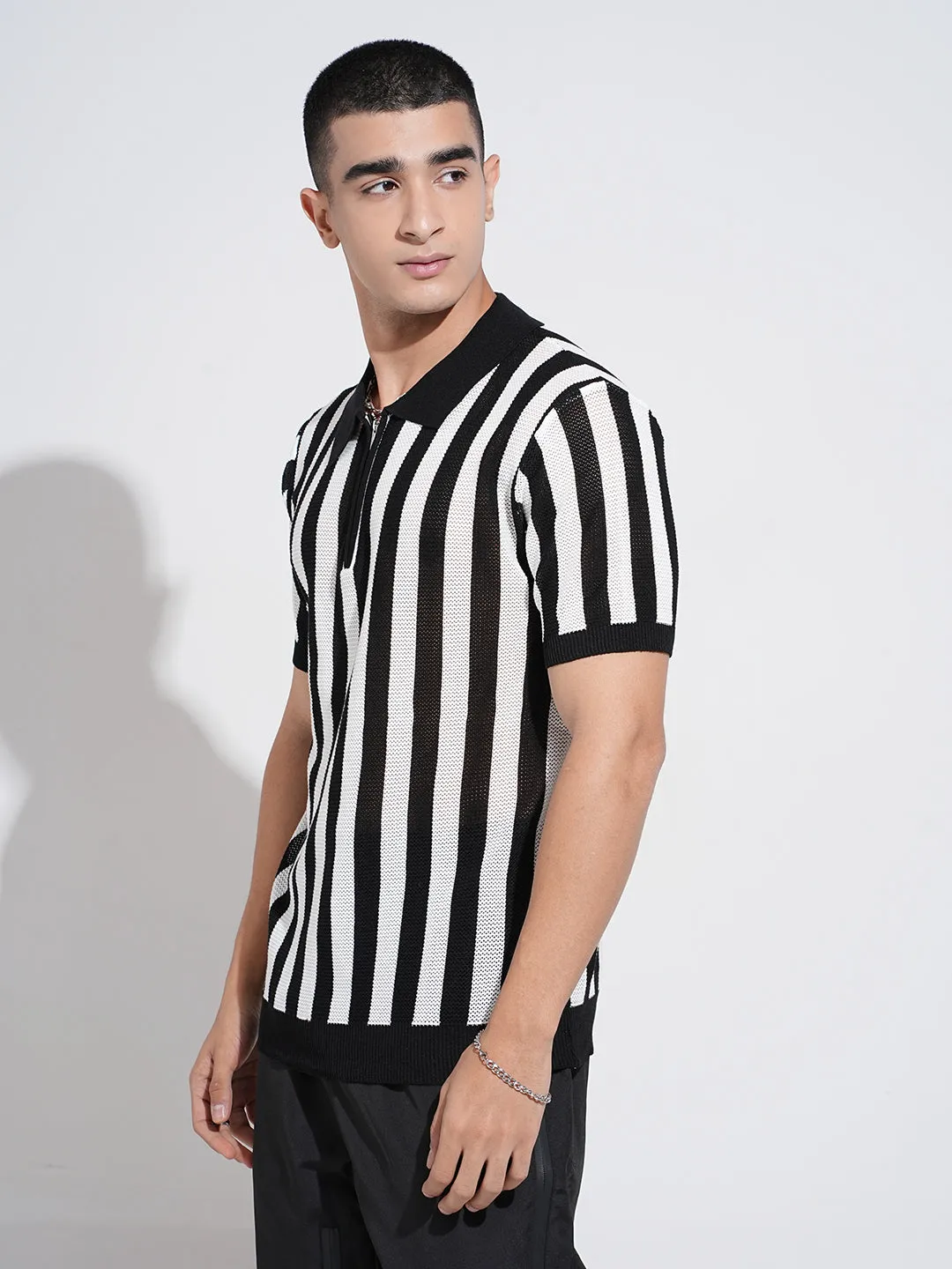 Men's Striped Black Short Sleeves Polo Collar Regular Fit T-Shirt with Zip Details Lightweight Fabric ThermalInsulated
