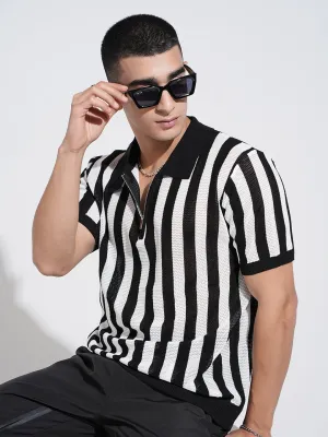 QuickReleaseFastenings Men's Striped Black Short Sleeves Polo Collar Regular Fit T-Shirt with Zip Details