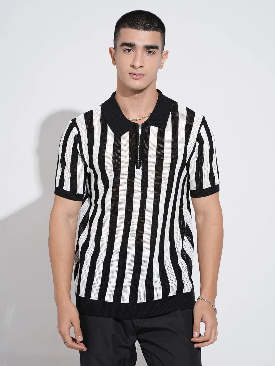 Men's Striped Black Short Sleeves Polo Collar Regular Fit T-Shirt with Zip Details SnagFree Fabric