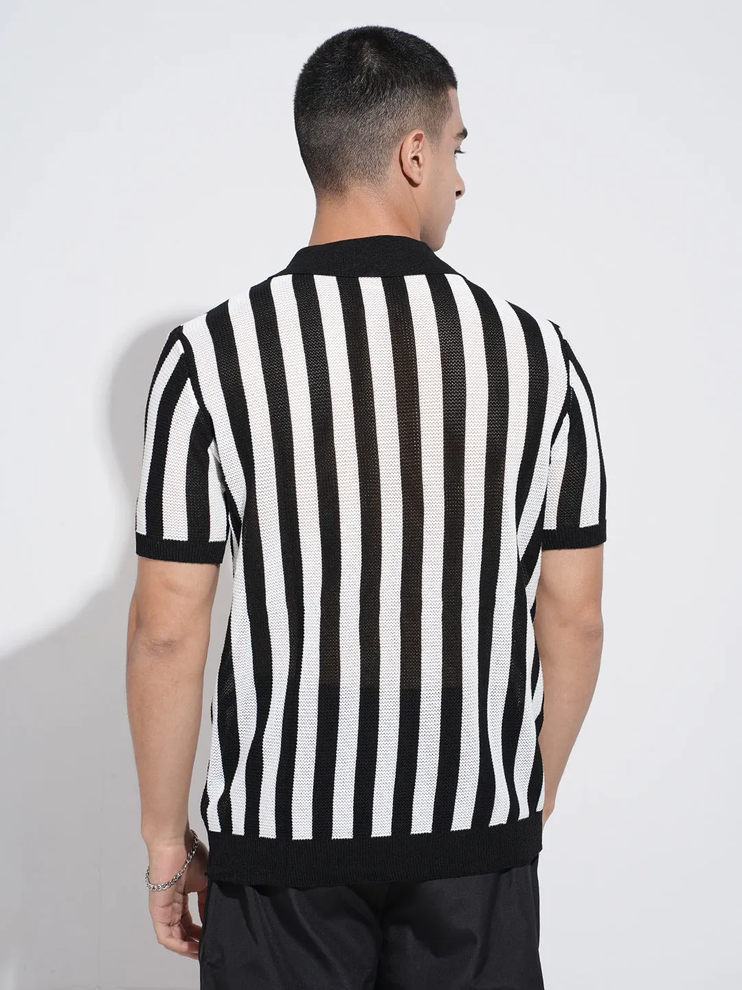 Active Ease Summer Ready Men's Striped Black Short Sleeves Polo Collar Regular Fit T-Shirt with Zip Details