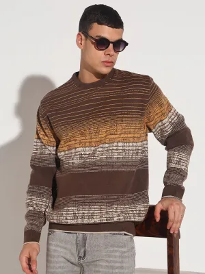 Men's Striped Brown Gradient Ribbed Round Neck Sweater Non Restrictive Silhouette