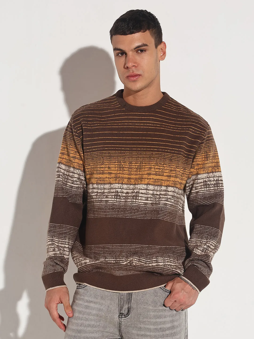 Men's Striped Brown Gradient Ribbed Round Neck Sweater Modern Trend Durable Blend