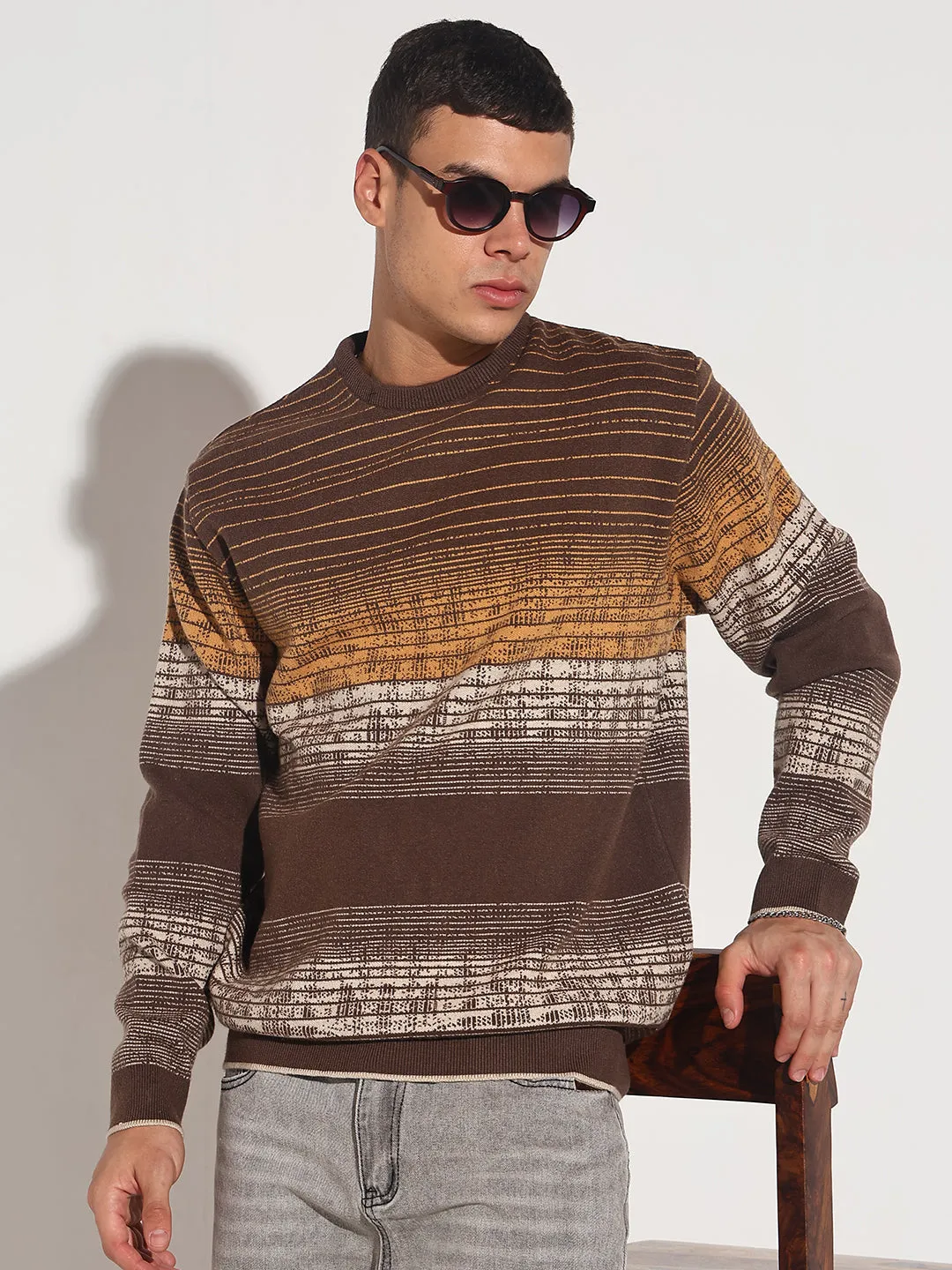 Men's Striped Brown Gradient Ribbed Round Neck Sweater Non Restrictive Silhouette