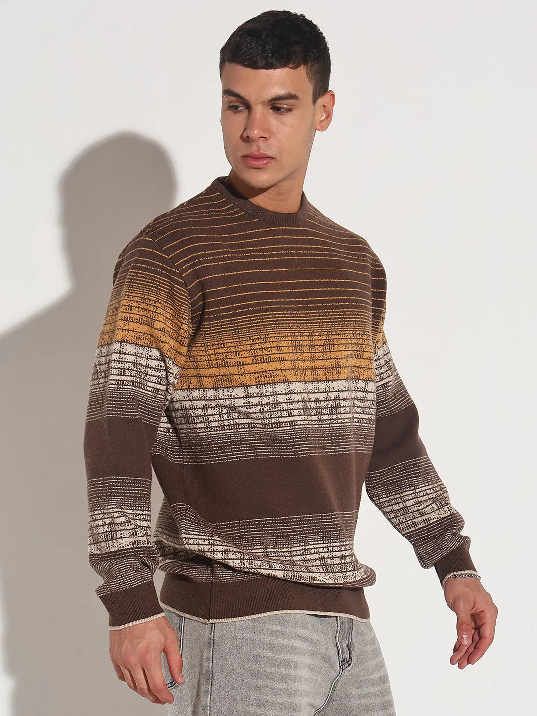 Men's Striped Brown Gradient Ribbed Round Neck Sweater Essential Wear Drop Shoulder Cut