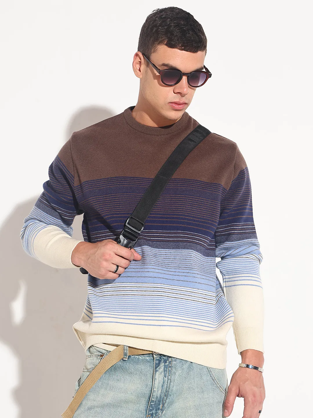 ReverseCoil Zipper Men's Striped Brown Ribbed Round Neck Sweater