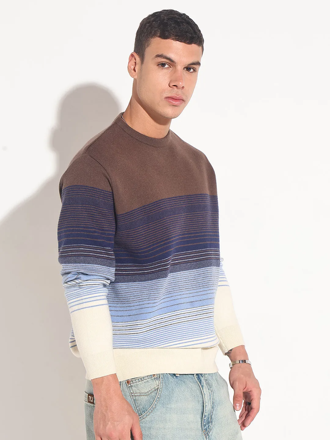Men's Striped Brown Ribbed Round Neck Sweater Base Layer Textured Weave Design