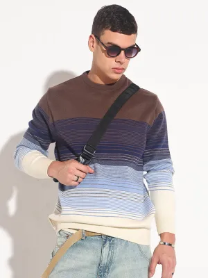 ReverseCoil Zipper Men's Striped Brown Ribbed Round Neck Sweater