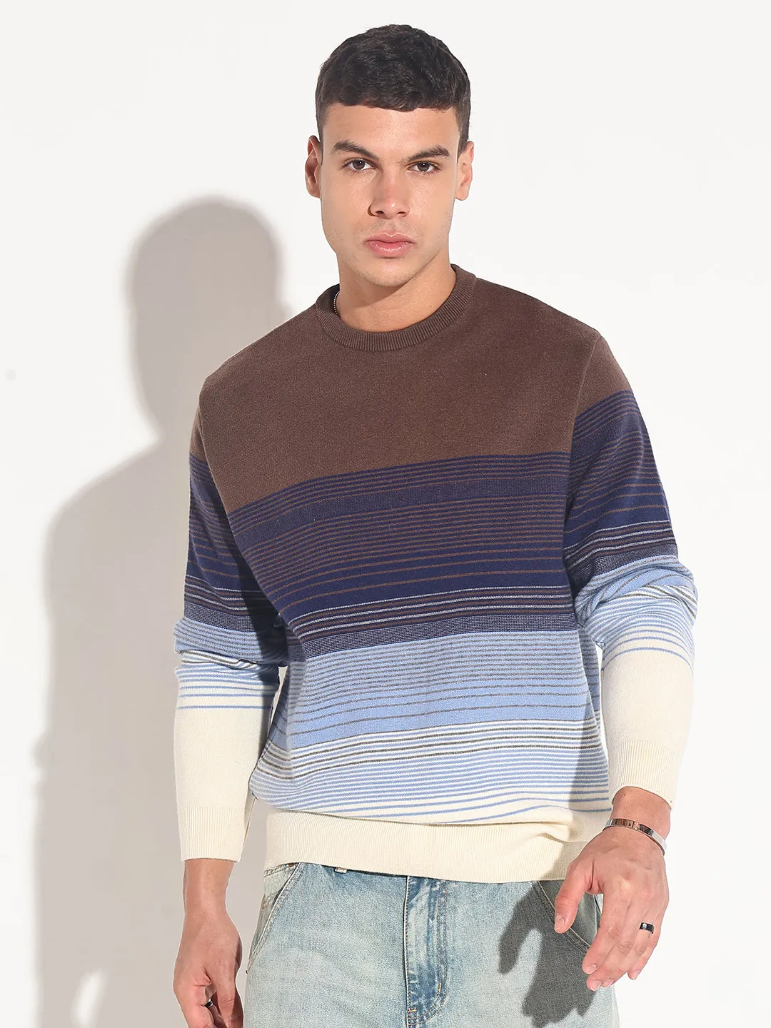 Morning Wear All Day Comfort Men's Striped Brown Ribbed Round Neck Sweater