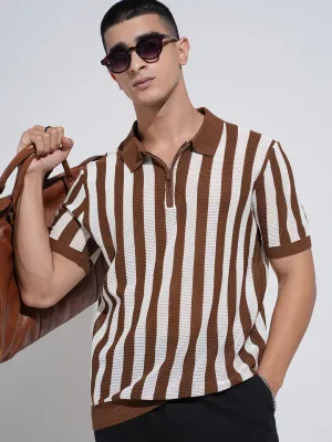 Men's Striped Brown Short Sleeves Polo Collar Regular Fit T-Shirt with Zip Details Clean Cut HighVisibility Trim
