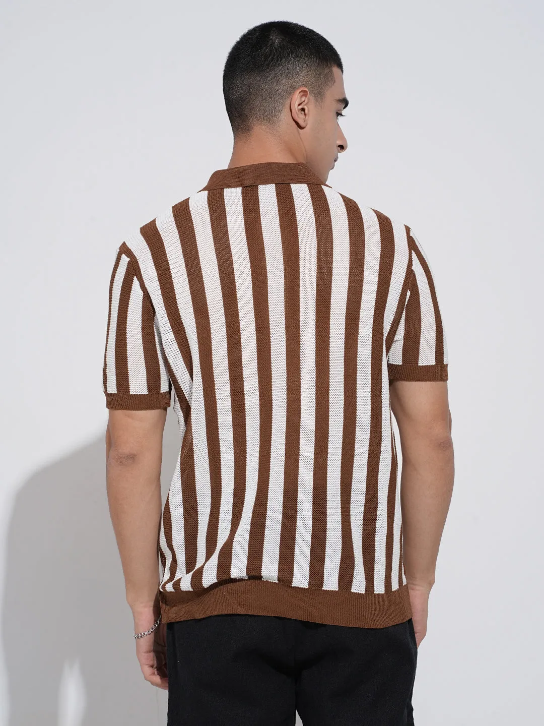 Men's Striped Brown Short Sleeves Polo Collar Regular Fit T-Shirt with Zip Details OdorResistant Fabric Sporty Look