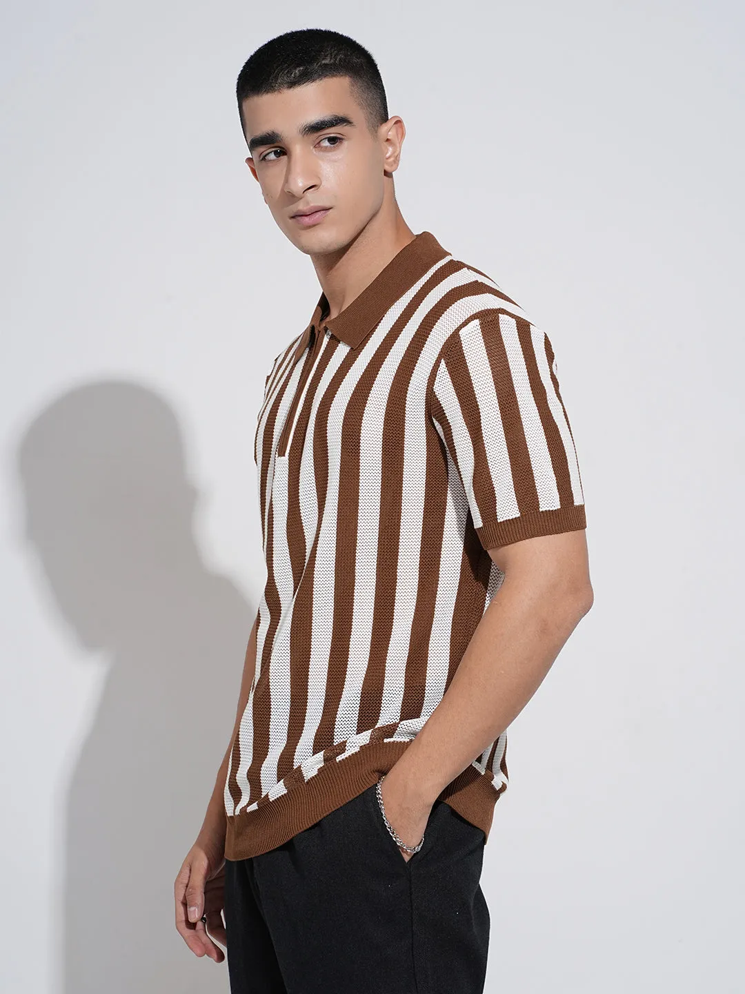 Men's Striped Brown Short Sleeves Polo Collar Regular Fit T-Shirt with Zip Details Office Glam MoistureWicking Fabric