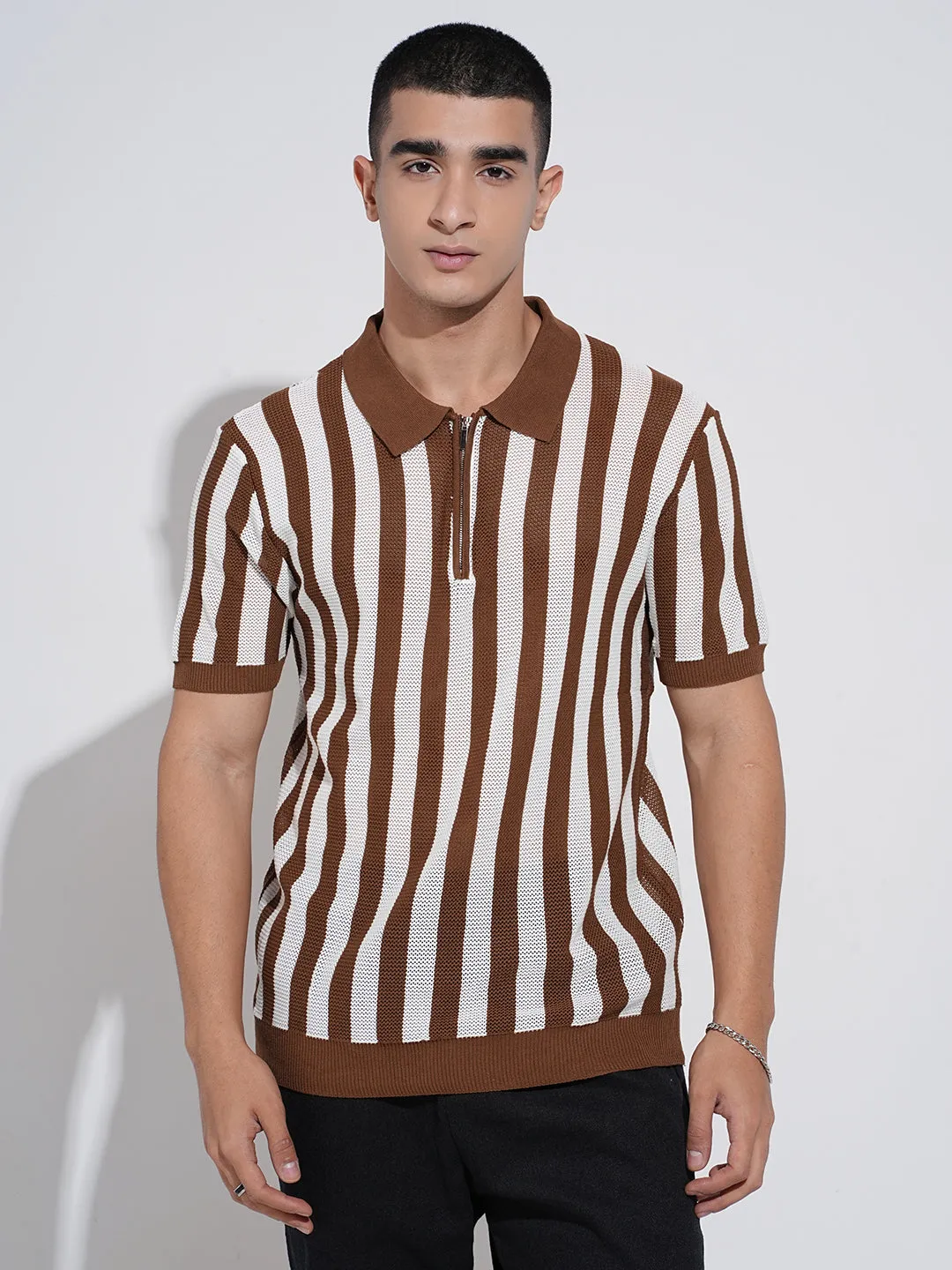 Men's Striped Brown Short Sleeves Polo Collar Regular Fit T-Shirt with Zip Details Green Fit Fashionable Vest