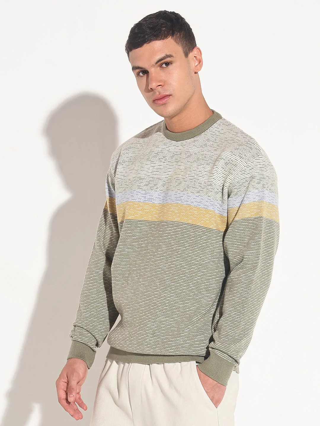 UV Protection Finish Men's Striped Green Ribbed Round Neck Sweater