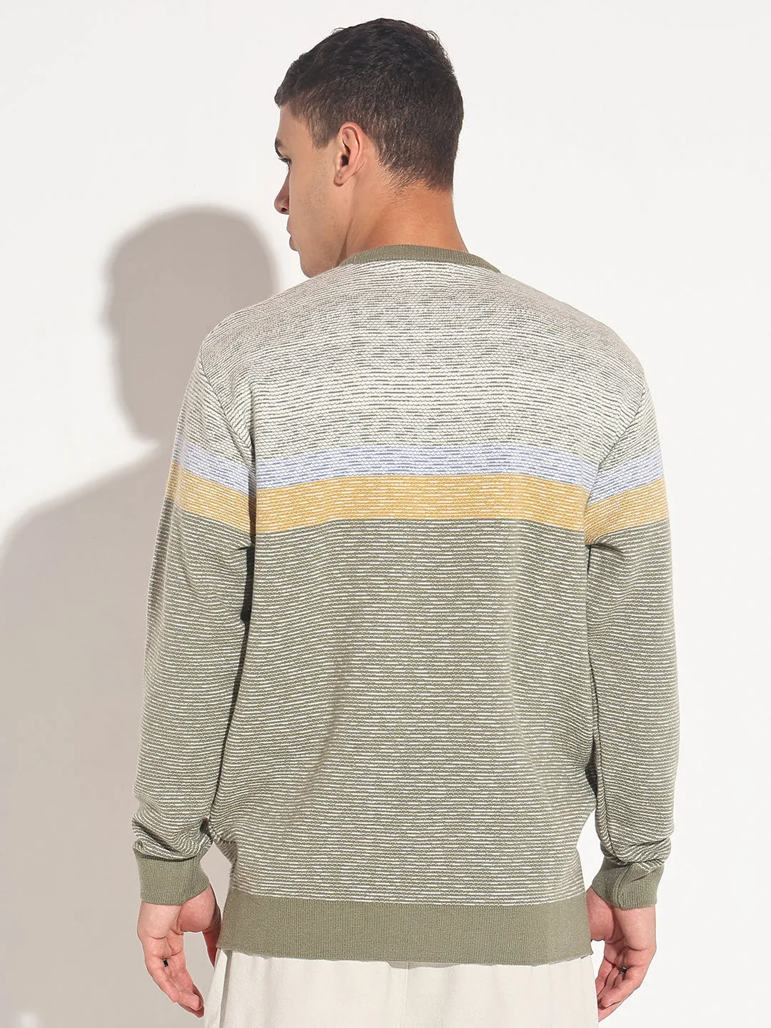 Merino Wool Smart touch Men's Striped Green Ribbed Round Neck Sweater
