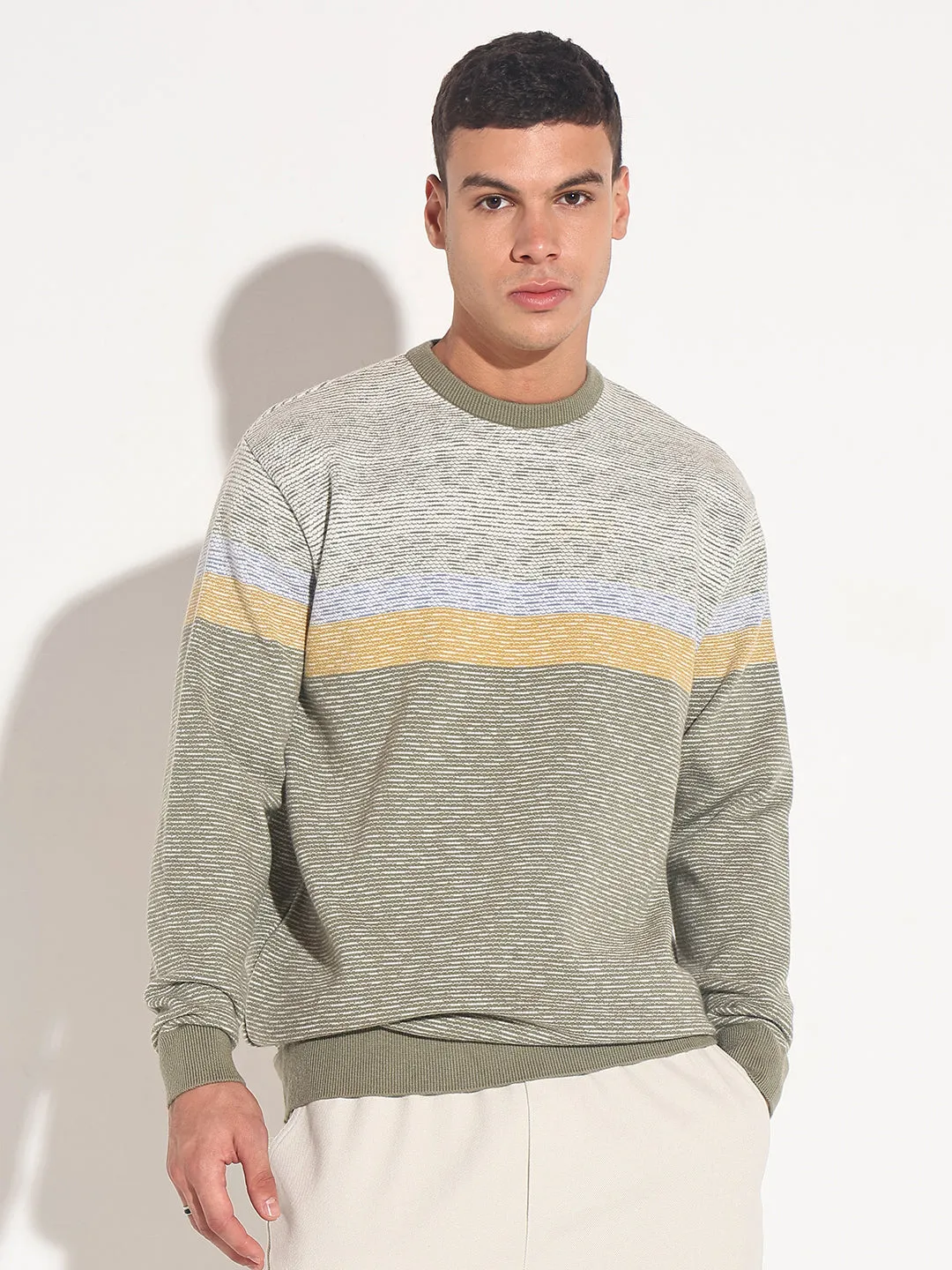 Men's Striped Green Ribbed Round Neck Sweater FadeResistant Color